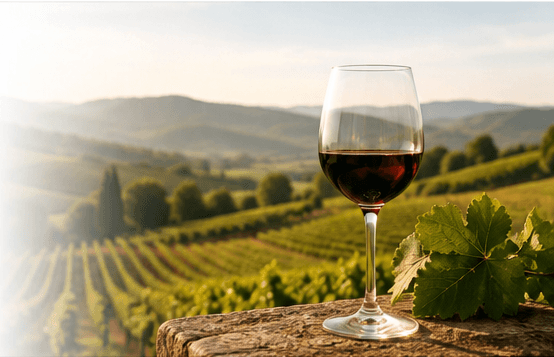 Copa de vino frente a un viñedo
